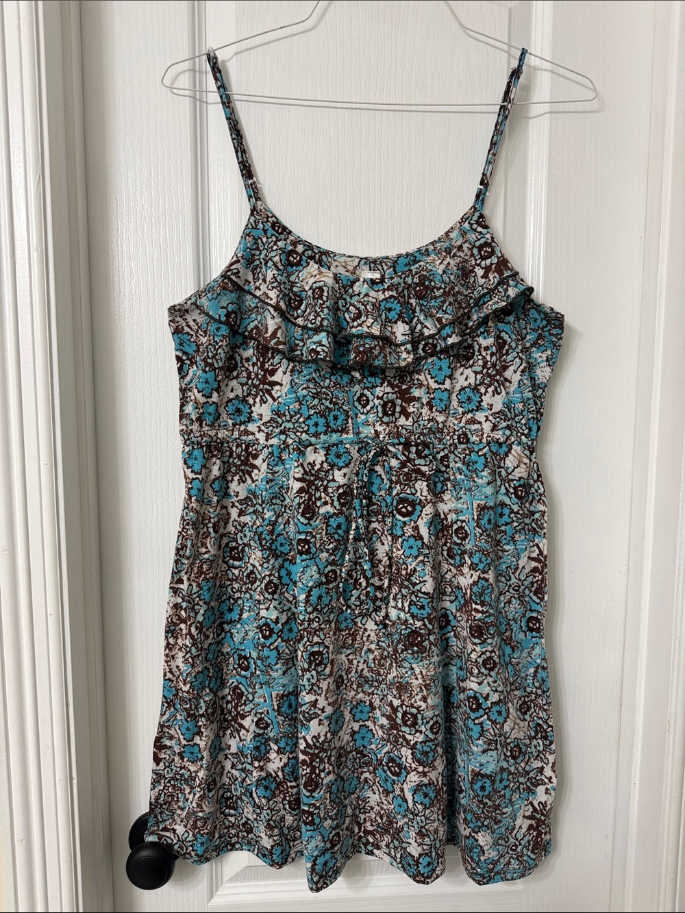 No Boundaries turquoise & brown floral dress ruffle neck drawstring waist XL